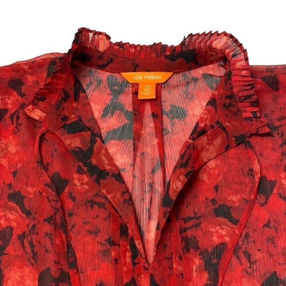 Joe Fresh Sheer Red Black Floral Ruffle Collar Tie Front Top Size Small - Picture 5 of 6
